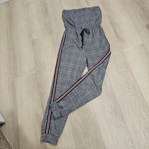 GUESS Plaid Tube Top Jumpsuit Side Stripe Jogger Black White Size L Y2K